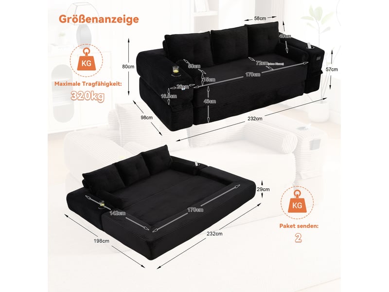  Canapé convertible 3 places modulable avec poches, porte-gobelets et coussins en velours côtelé noir  - Conforama C