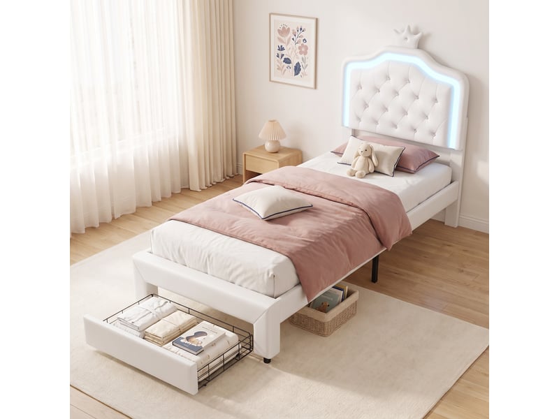 Lit enfant 90x200, lit simple princesse avec tiroir de rangement, tête de lit lumineuse led, capitonnage cristaux et sommier, blanc  - Conforama D