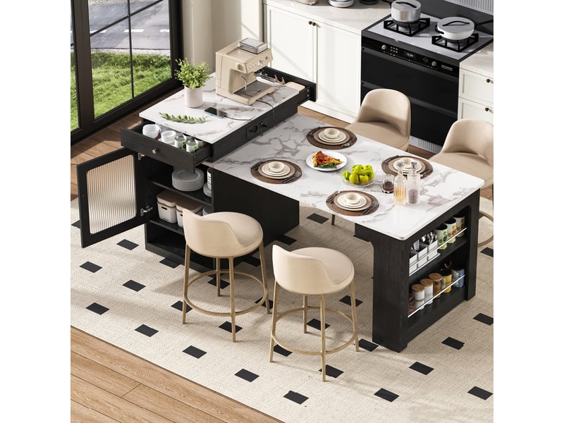  Îlot de cuisine sur roulettes table extensible 80 x 71-151 cm multiprise tiroir meuble bar noir  - Conforama B