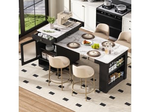 Îlot de cuisine sur roulettes table extensible 80 x 71-151 cm multiprise tiroir meuble bar noir
