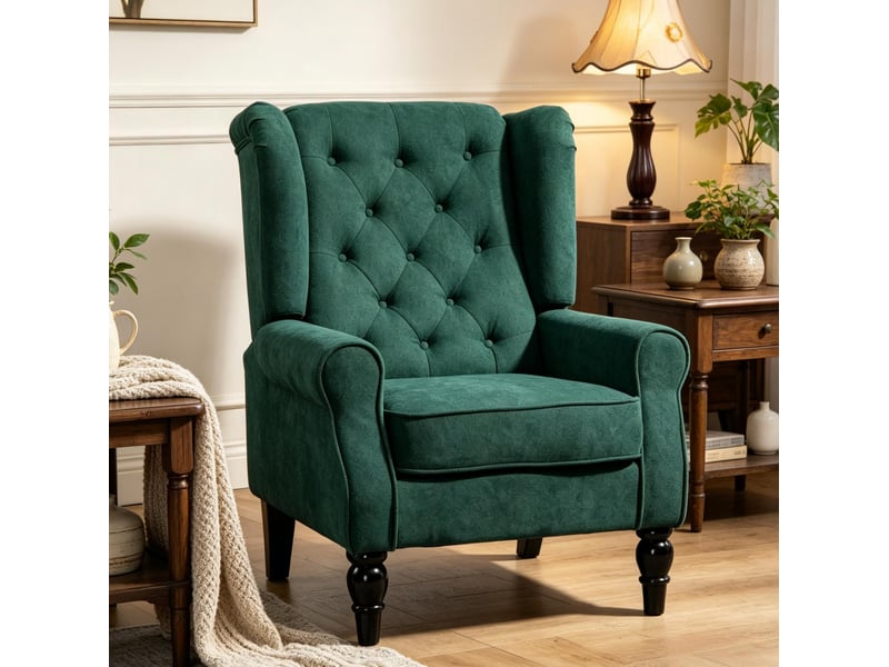  Fauteuil à oreilles capitonné en tissu polyester vert foncé, pieds en bois  - Conforama C
