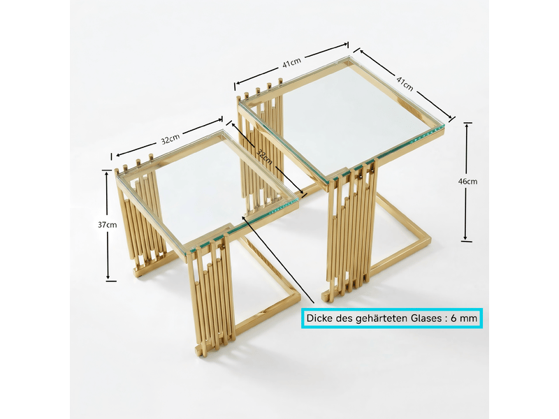  Tables gigognes carrées, avec 2 pièces, plateau en verre trempé et structure en acier inoxydable doré, salon, 41×41×46 cm  - Conforama E