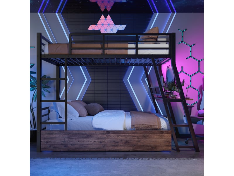  Lit mezzanine 90 x 200 cm en métal avec bureau, tiroirs, led et escalier noir  - Conforama E