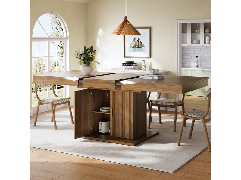  Table à manger rectangulaire extensible 140-180 x 90 cm avec rangement intégré, portes cannelées, étagère amovible, effet noyer chaleureux  - Conforama C