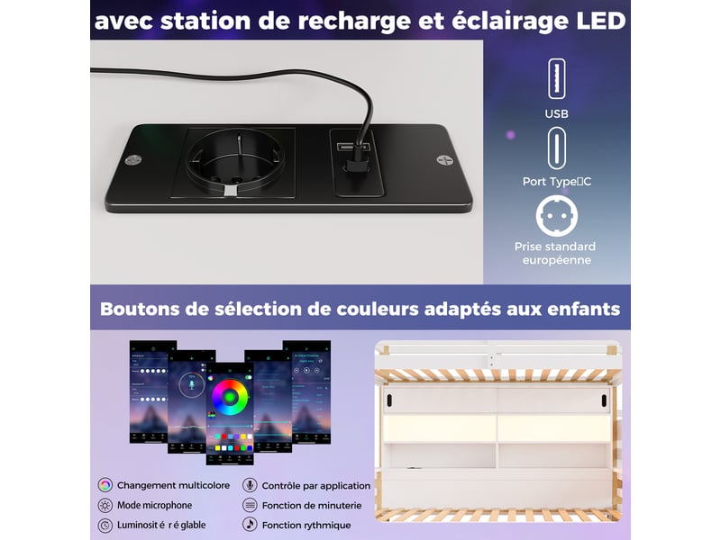  Lit superposé en bois massif 90x200+90x200 cm, bandeau led, ports usb, échelle de rangement, portes coulissantes, blanc + naturel  - Conforama D