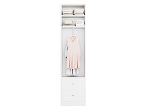 Armoire penderie 50 x 30 x 200 cm blanche en mdf et acier, 2 tiroirs et tringle ouverte pour vêtements