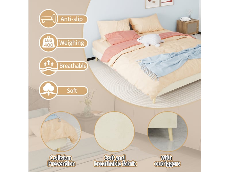  Lit adulte 160 × 200 cm, lit 2 places à structure basse en tissu velours, sans tête de lit ni matelas, beige  - Conforama E