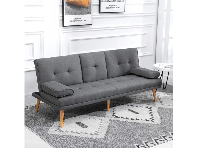Canapé convertible 3 places avec dossier réglable, table pliante et porte-gobelets en polyester gris foncé - Conforama B