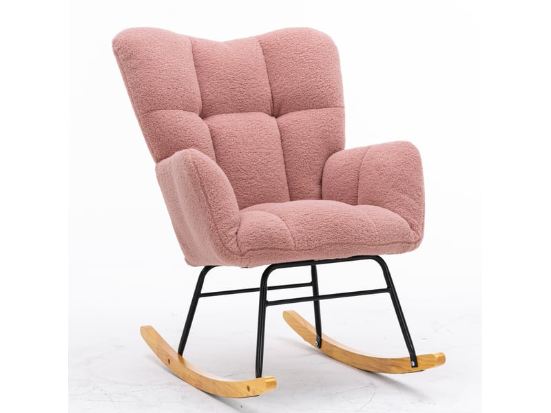  Fauteuil à bascule style vintage, structure en bois, rose, revêtement teddy et mousse, relaxe à oreilles  - Conforama A