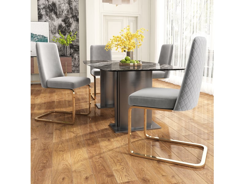  Lot de 4 chaises de salle à manger en velours gris avec pieds en métal doré  - Conforama B