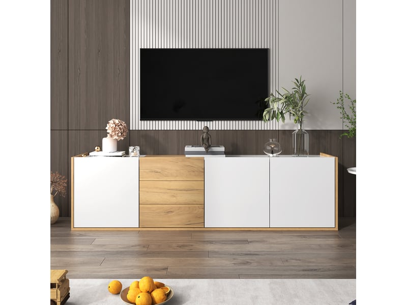  Meuble tv modenvie 171,5 x 35 x 47 cm 3 portes 3 tiroirs mdf blanc et couleur bois  - Conforama B