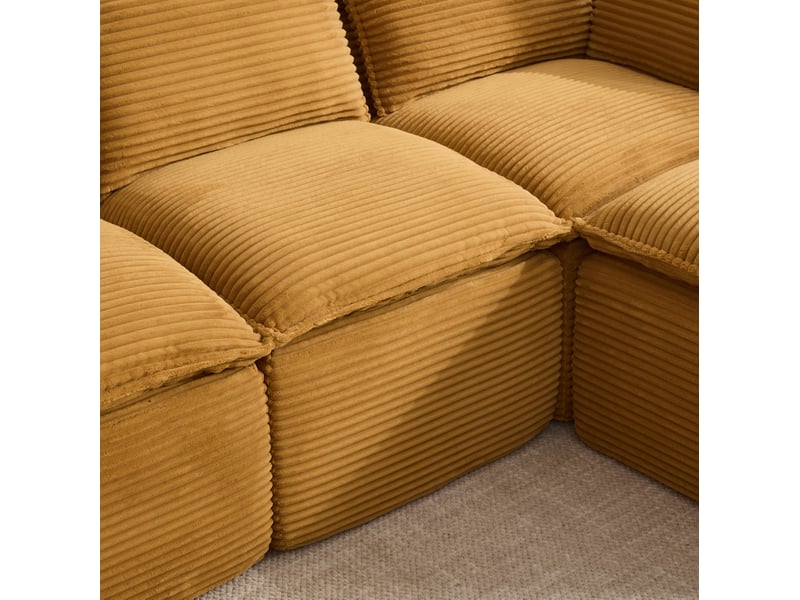  Canapé modulable 3 places en velours côtelé orange avec pouf, coussins, porte-boissons et poches latérales  - Conforama D