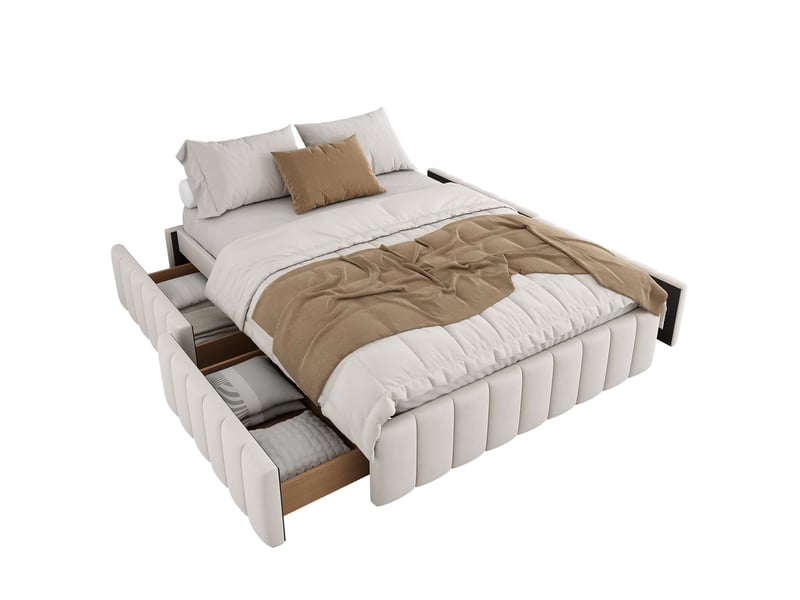  Lit capitonné 140 x 200 cm sans tête de lit, sommier à lattes, sans matelas, beige, velours  - Conforama A