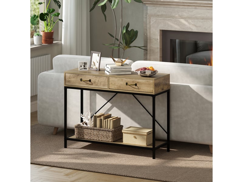 Table console table d'appoint d'entrée industriel dim. 100l x 35l x 76h cm avec 2 tiroirs et 1 plateau aspect bois  - Conforama E