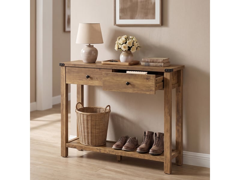  Table console, table d'entrée avec 2 tiroirs et étagère de rangement, pour entrée, salon, style campagnard, taupe  - Conforama B