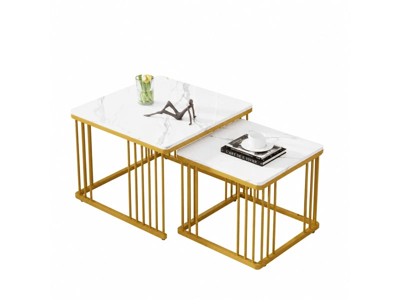  Lot de 2 tables basses gigognes carrées, effet marbre brillant, pieds réglables, blanc et doré  - Conforama A