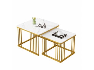 Lot de 2 tables basses gigognes carrées, effet marbre brillant, pieds réglables, blanc et doré