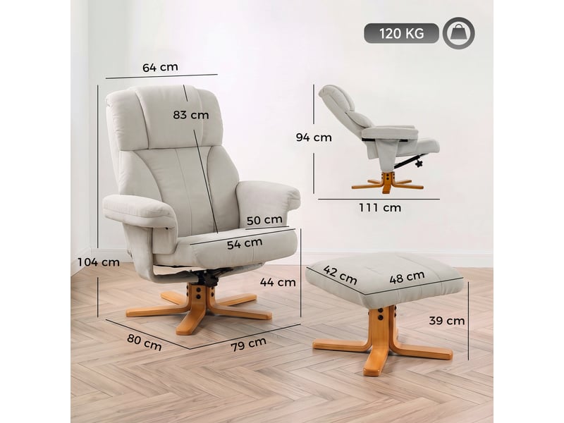  Fauteuil relax inclinable avec repose-pieds assorti bois verni flanelle blanc cassé  - Conforama C