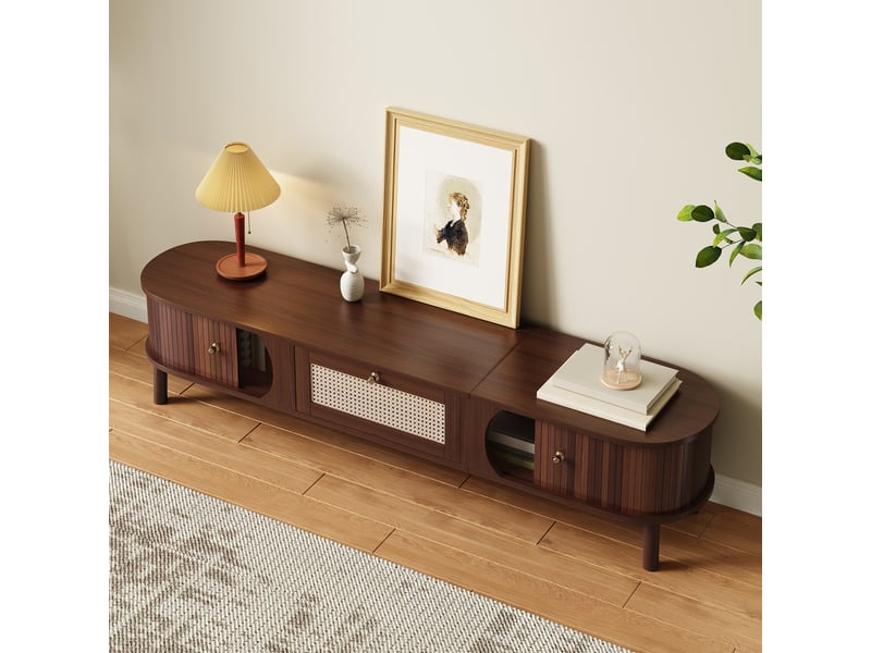  Meuble tv avec portes coulissantes et tiroirs en rotin pour salon 170×39,5×38 cm naturel  - Conforama C