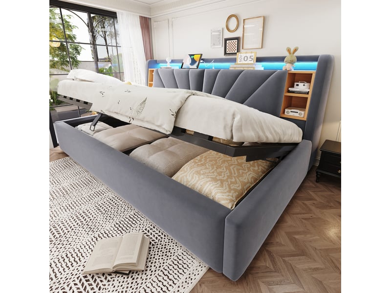 Lit coffre banquette 90x200 cm, rangement hydraulique, dossier avec niches, led et usb, velours gris foncé sans matelas  - Conforama D