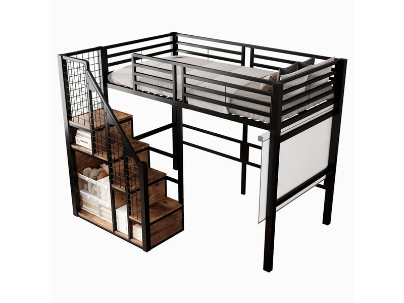  Lit mezzanine 90x200cm avec armoire intégrée - lit 1 place - métal noir, échelle sécurisée, espace bureau, gain de place enfants ado  - Conforama E