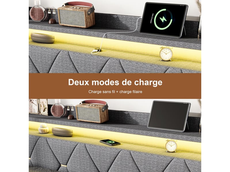  Lit coffre 140x200cm - lit double 140x200 rembourré en lin gris, led rgb, chargeur sans fil, usbtype-c - gris  - Conforama D