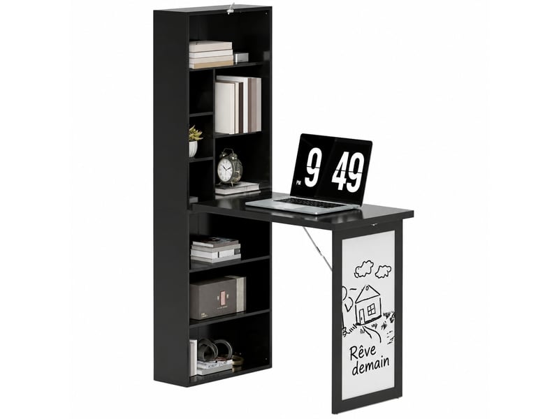  Bureau pliable avec bibliothèque et tableau noir, 9 étagères, 98 x 51 x 153, marron rustique  - Conforama A