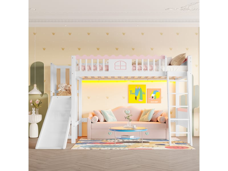  Lit mezzanine 90x200 cm - lit enfant avec toboggan, étagère intégrée et lumière led télécommande, sans matelas - blanc  - Conforama E