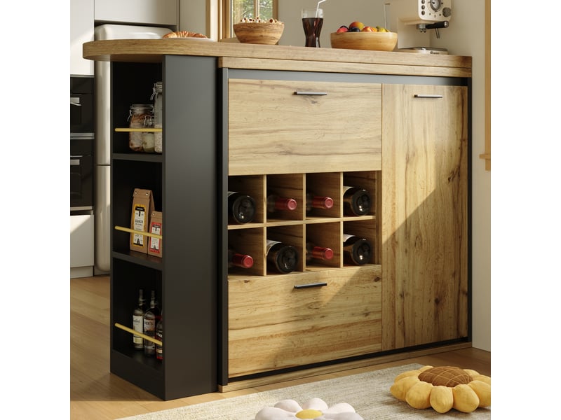  Table extensible 138-220x39x105 cm avec rangement intégré, tiroirs et range-bouteilles, mdf, métal, effet bois  - Conforama W
