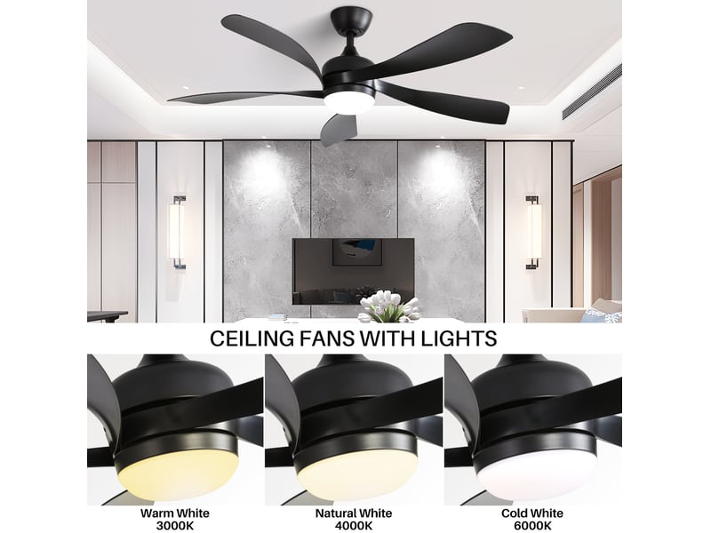  Ventilateur de plafond noir en abs avec led 18 w, 3 températures, télécommande, minuterie et moteur dc silencieux, mode étéhiver  - Conforama E