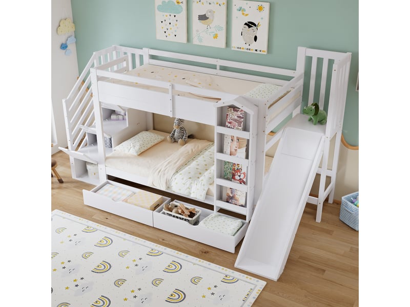  Lit superposé enfant 2 × 90 × 200 cm avec toboggan, escalier rangement et 2 tiroirs, blanc IKSETERA TRADING LTD - Conforama E
