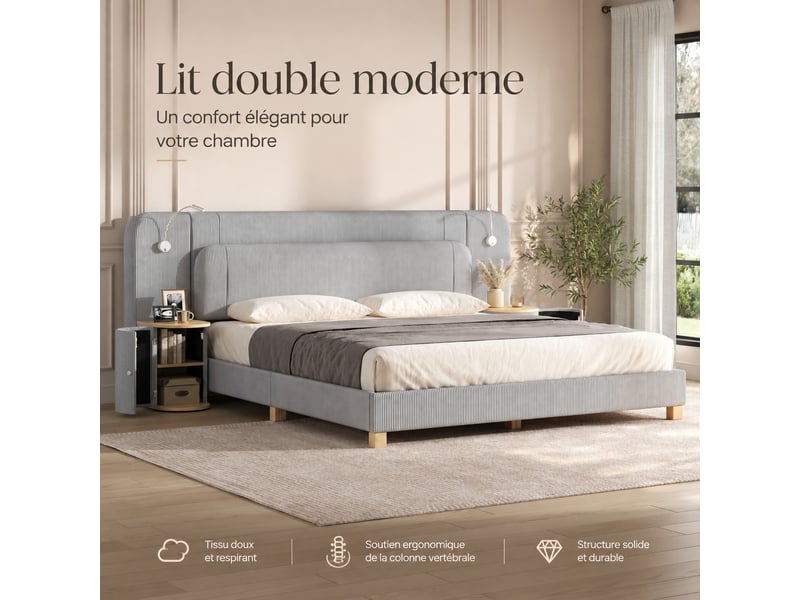  Lit 180x200 cm en velours côtelé gris avec tables de chevet et éclairage led  - Conforama C