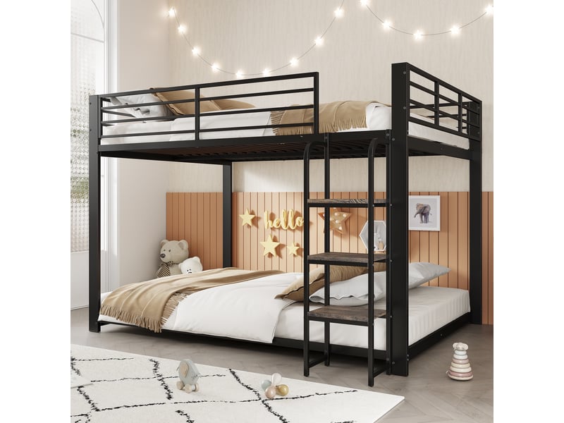  Lit superposé 140x200cm - lit double enfant en métal avec échelle à marches en bois - barrière de sécurité haut - noir  - Conforama C