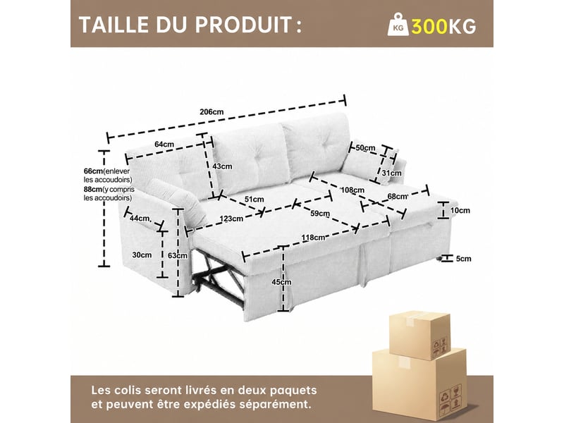  Canapé convertible 3 places, méridienne réversible, coffre et velours côtelé noir  - Conforama D