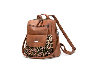 Sac à dos femme en cuir, petit format – imperméable, anti-vol, bandoulière pour ladies-marron + imprimé léopard