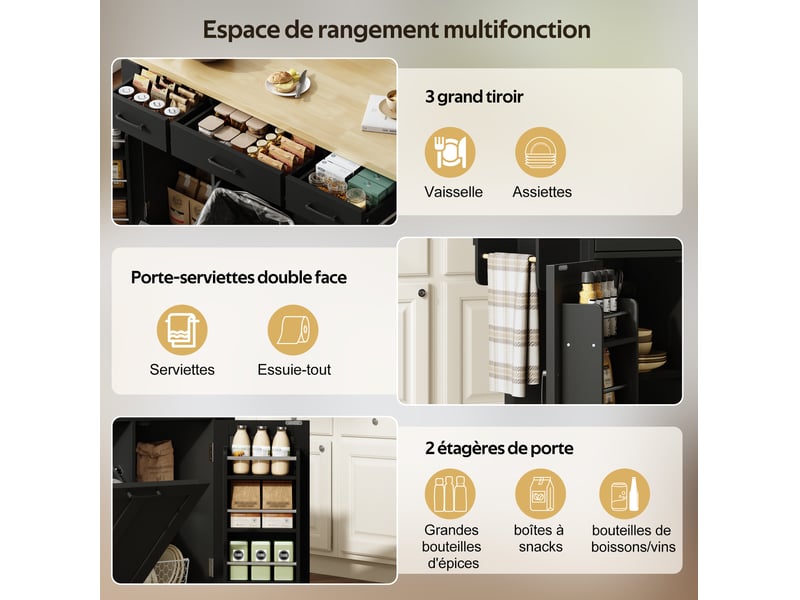 Desserte de cuisine avec plateau rabattable, rangement, poubelle intégrée et roulettes, mdf noir, 120 × 45 (70) × 87 cm - Conforama E