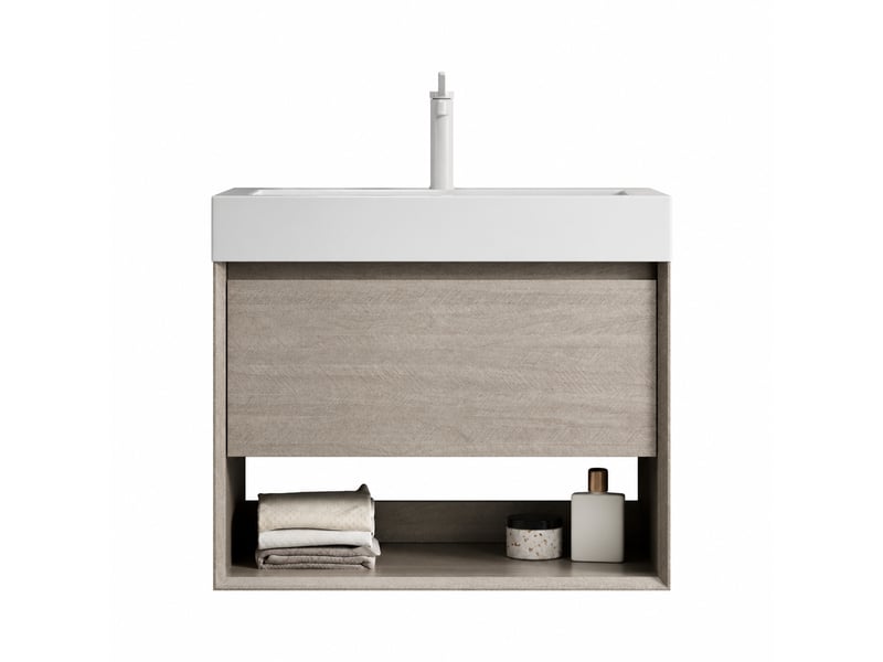  Meuble vasque suspendu 70 cm avec vasque rectangulaire blanche intégrée, finition chêne clair  - Conforama A