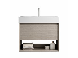 Meuble vasque suspendu 70 cm avec vasque rectangulaire blanche intégrée, finition chêne clair