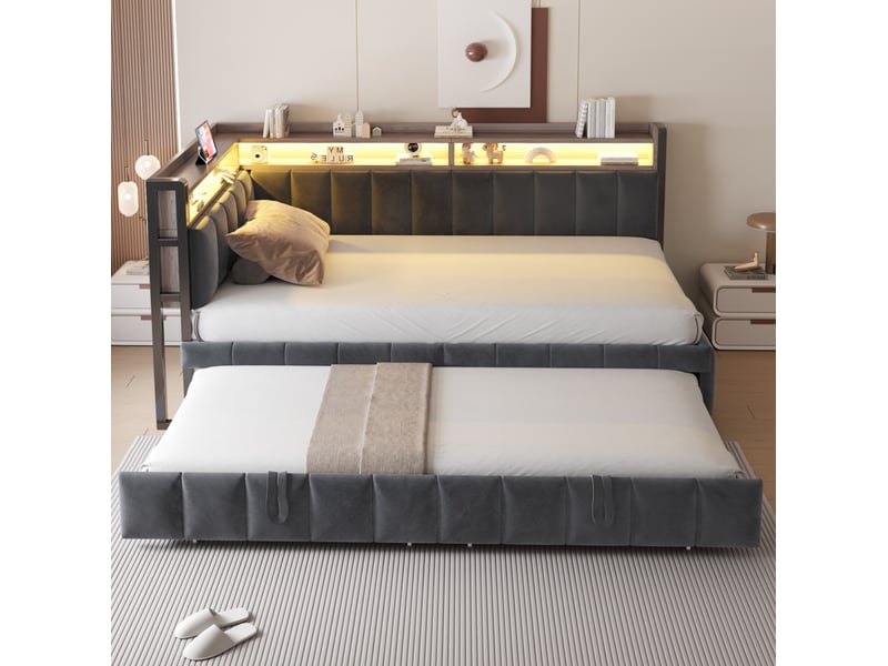 Lit gigogne 90x200 cm, velours gris, équipé de rangements, de led, de usb-c et de port usb, sans matelas - Conforama D