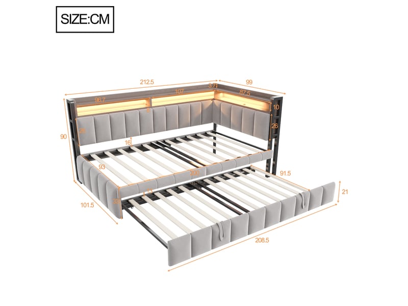 Canapé-lit 90 x 200 cm – avec lit gigogne – avec éclairage led – avec ports usb et type-c – gris clair (matelas non inclus) - Conforama C