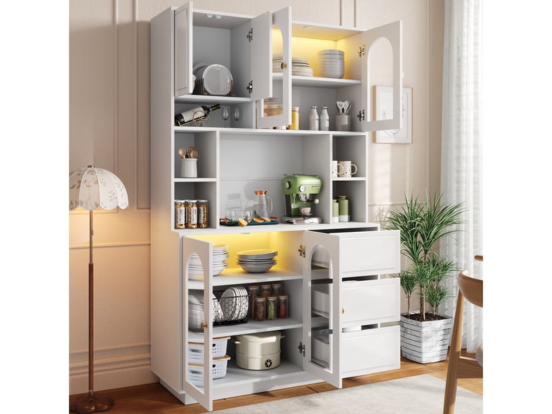  Buffet haut 6 portes, 3 tiroirs et led pour cuisine en mdf 106×30×175 cm blanc  - Conforama C