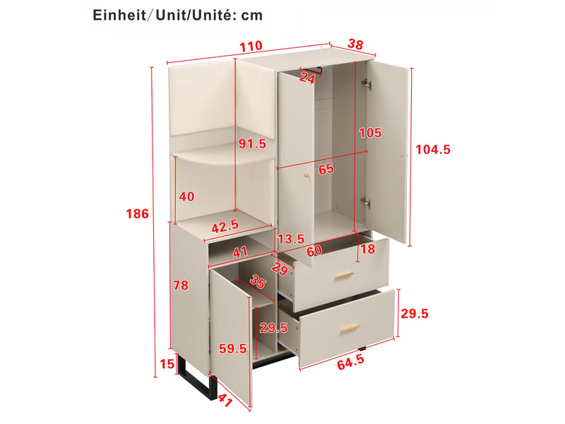  Armoire d'entrée 110x38x186 cm - vestiaire avec panneau rembourré, penderie, 2 tiroirs, rangement chaussures  - Conforama C