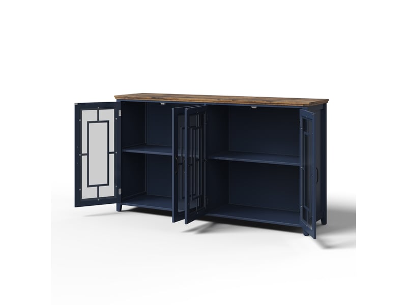  Buffet 160 cm avec portes vitrées, plateau effet bois, mdf bleu  - Conforama W