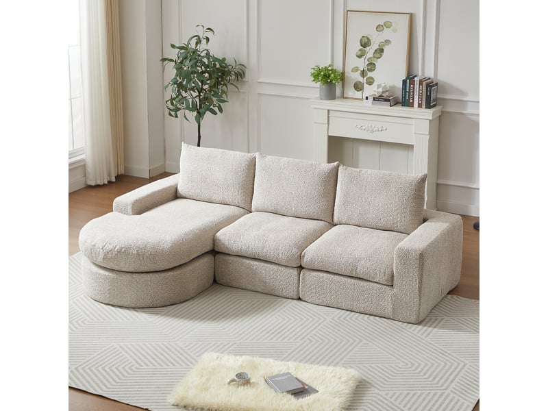  Canapé d’angle modulable en chenille, méridienne réversible, mousse haute densité, 3 coussins, sans montage - beige  - Conforama D