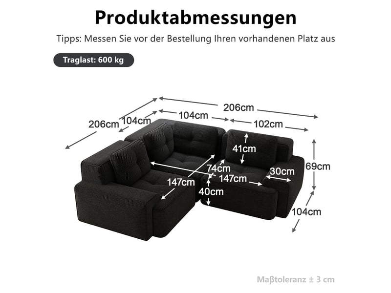  Canapé d’angle modulable 3 places en velours côtelé noir 206x206 cm  - Conforama C