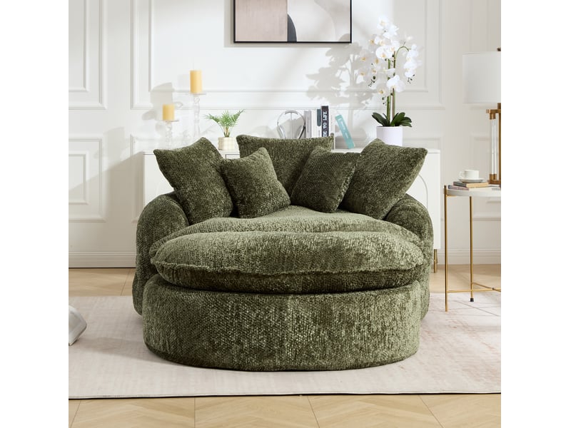  Fauteuil rond surdimensionné 138x190.5x63 cm, dossier large, coussins inclus, mousse dense, polyester, vert olive  - Conforama B