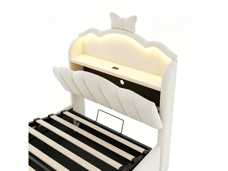  Lit coffre 90x200 cm, rangement hydraulique et tête de lit led avec ports usb et type-c, en velours, beige  - Conforama E