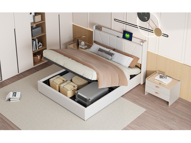  Lit double coffre - 140 x 200 cm - beige - lin, tête de lit rembourrée avec ports usb et type-c, vérins hydrauliques  - Conforama C