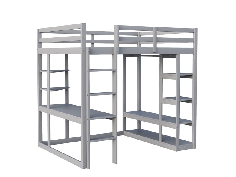  Lit mezzanine enfant 140x200 cm – gris – bureau, étagères et penderie intégrés, gain de place – sans matelas  - Conforama D