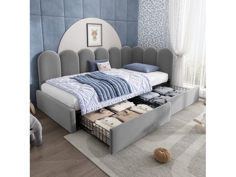  Lit simple 90x190 cm avec 2 tiroirs de rangement et sommier à lattes, velours gris, sans matelas  - Conforama E